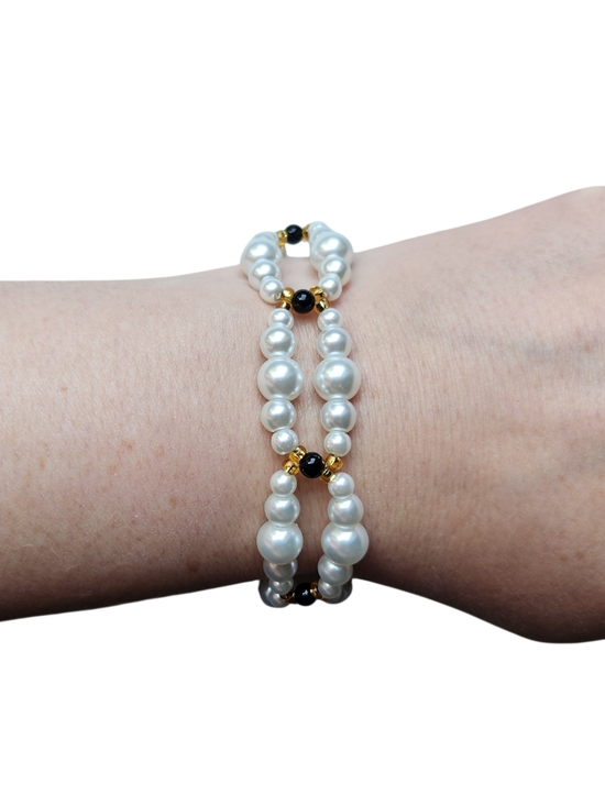 Hand Crafted Jewelry - Elegant White Pearl and Gold Accent Double-Strand Bracelet With Agate Centers